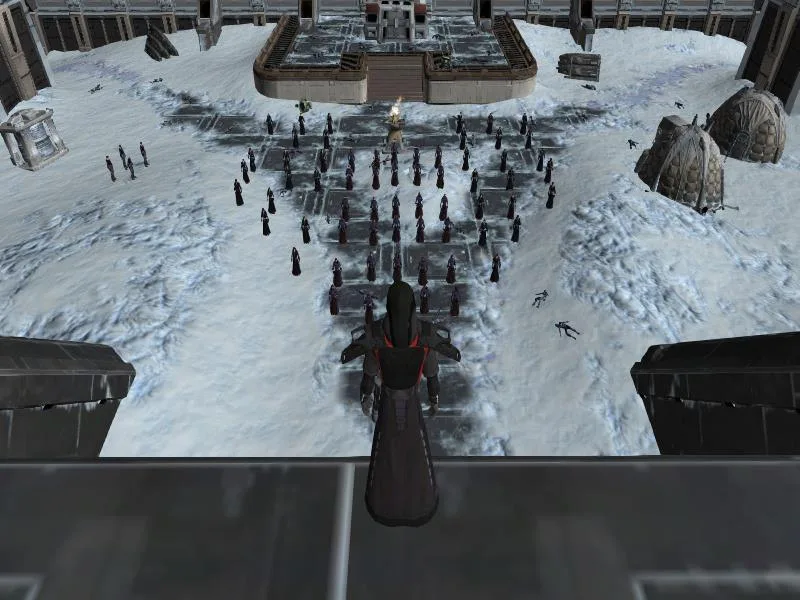 Dozens of characters lined up in the snow on Ilum, seen from a balcony